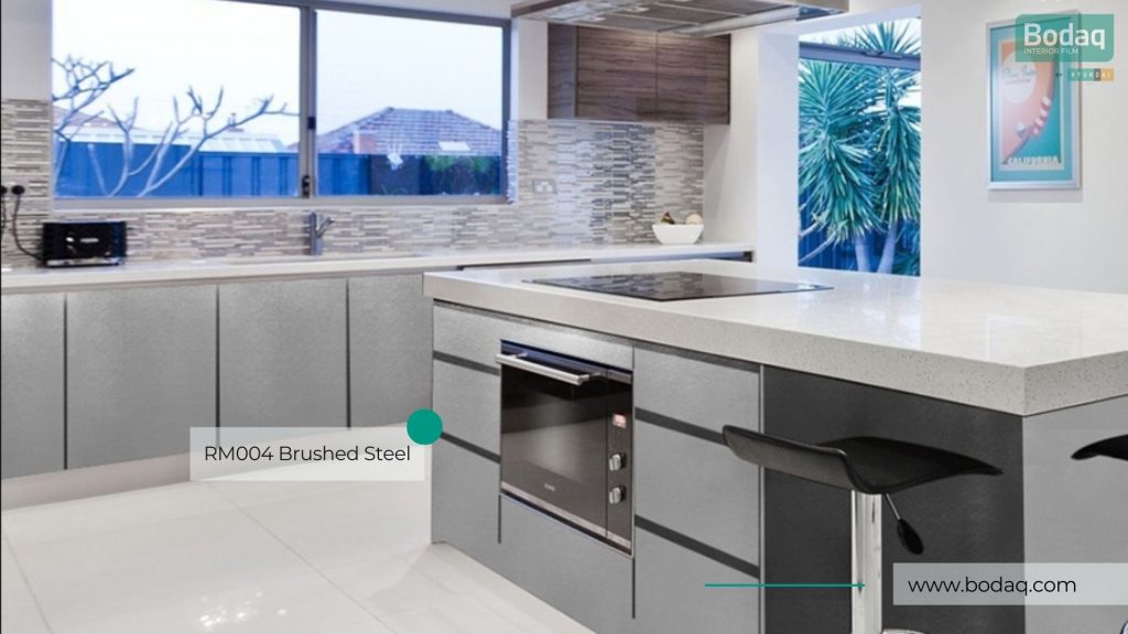 RM004 Brushed Steel Interior Film - Natural Surface Collection 11 Kitchen Cabinets Resurfaced with RM004 Brushed Steel