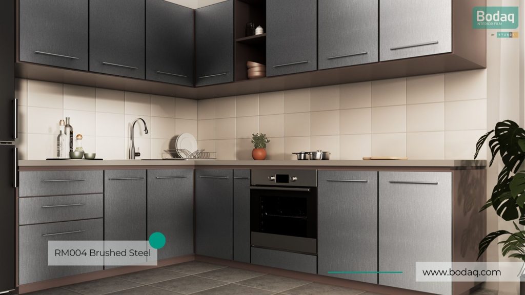RM004 Brushed Steel Interior Film - Natural Surface Collection 12 Kitchen Wrapped with RM004 Brushed Steel