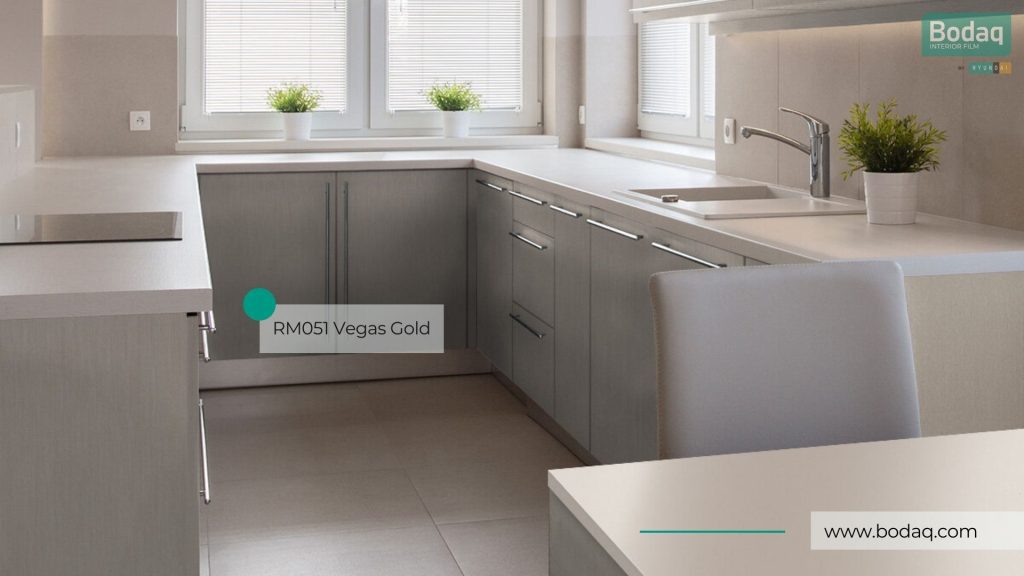 RM051 Vegas Gold Interior Film - Metal Collection 10 Kitchen cabinets wrapped with RM051