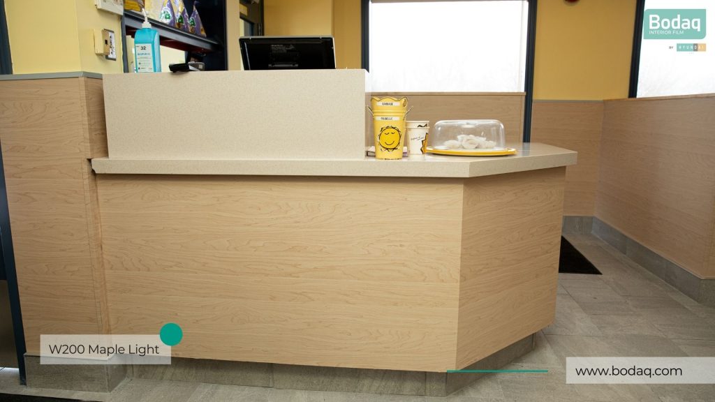 W200 Maple Light Wood Interior Film - Standard Wood Collection 9 Reception Desk Refinished with W200 Maple Light