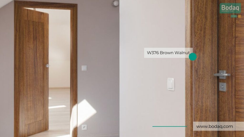 W376 Brown Walnut Interior Film - Standard Wood Collection 9 Doors and Door Frames Wrapped with W376 Brown Walnut