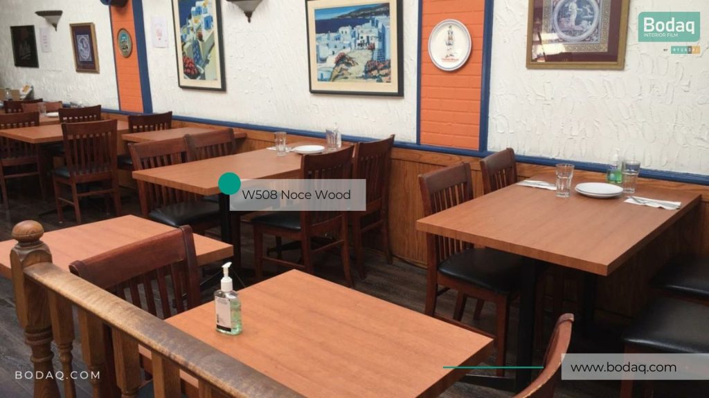 W508 Noce Medium Wood Interior Film - Standard Wood Collection 5 Restaurant's tables resurfaced with W508