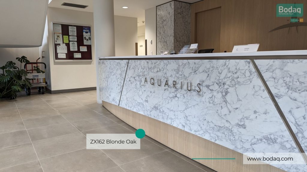 ZX162 Blonde Oak Interior Film - Wood Collection 10 Aquarius Reception Desk Decorated with ZX162 Blonde Oak