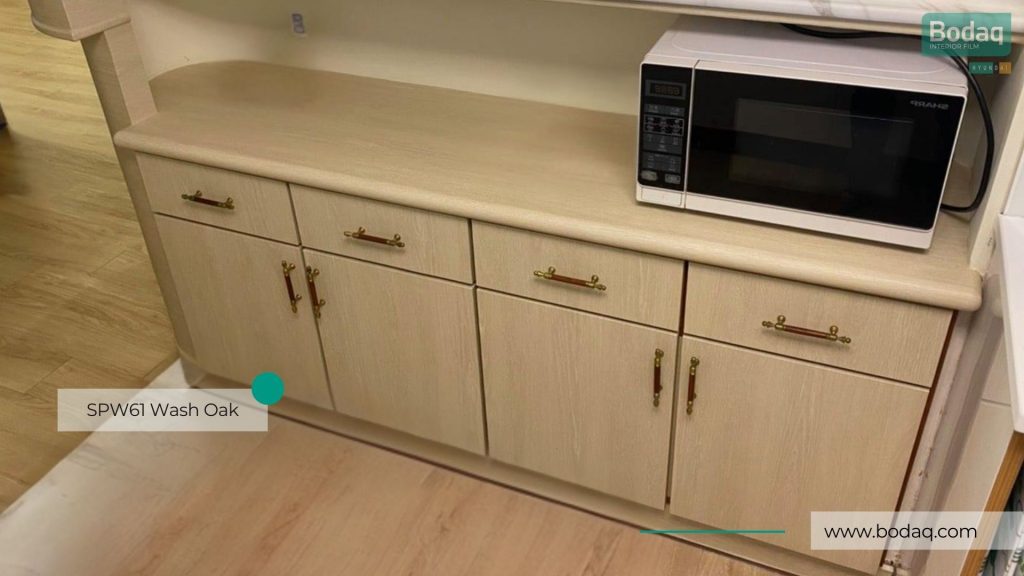 SPW61 Wash Oak Interior Film - Origin Wood Collection 10 Kitchenette Cabinets and Counter Refinished with SPW61 Wash Oak