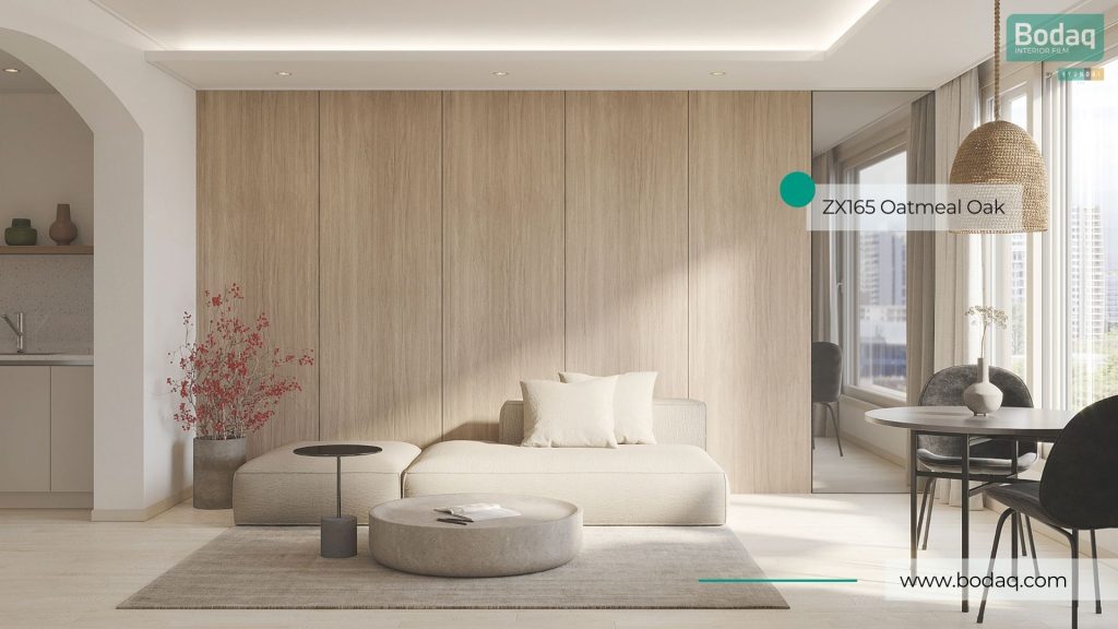 Living Room Wall Panels Wrapped with ZX165 Oatmeal Oak