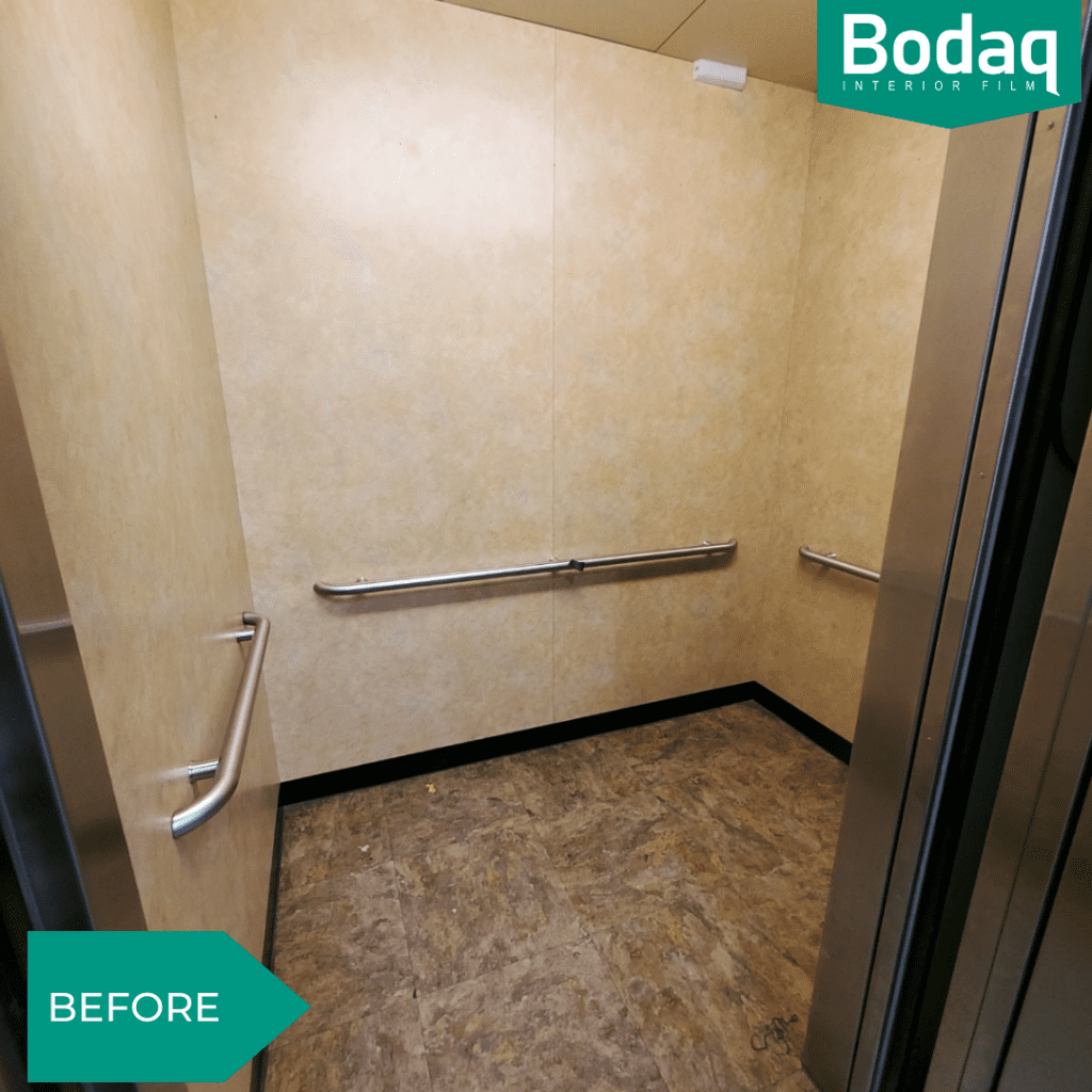 Elevator enclosure refinishing wall panels ceiling and floor BEFORE