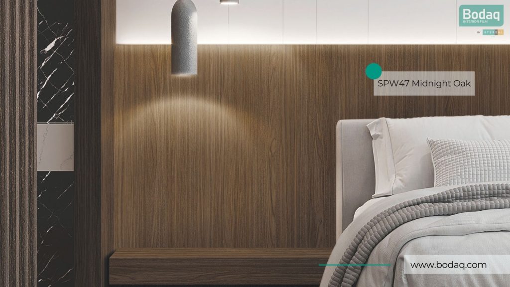 SPW47 Midnight Walnut Interior Film - Origin Wood Collection 9 Extended Headboard and Night Stands Wrapped with SPW47