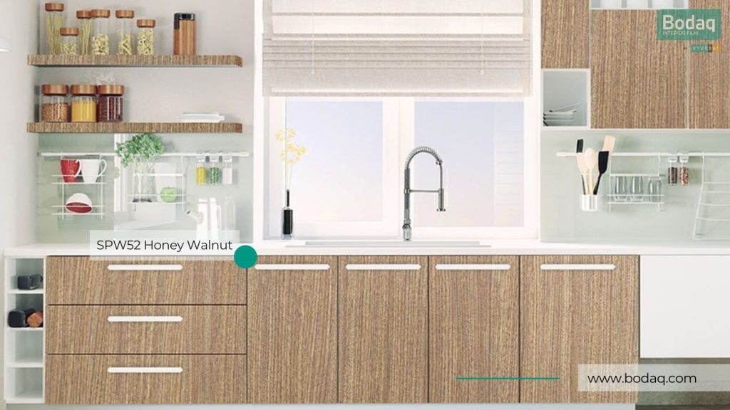 SPW52 Honey Walnut Interior Film - Origin Wood Collection 9 SPW52 Honey Walnut on the Kitchen Cabinets