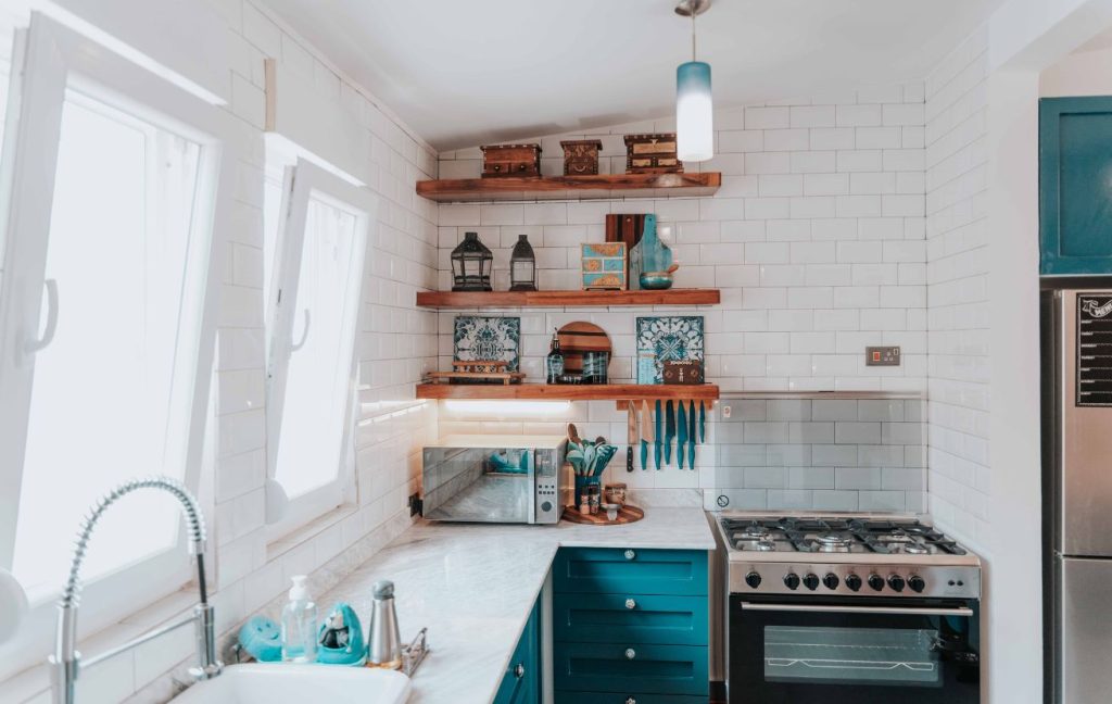 Install floating shelves in a small kitchen