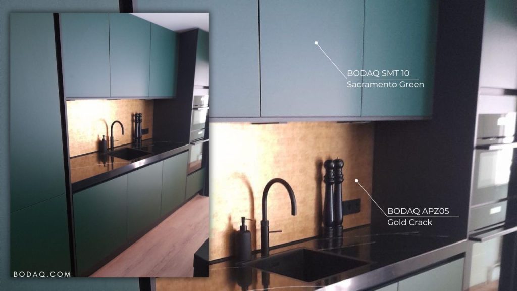 SMT10 Sacramento Green kitchen cabinets and APZ05 Golden Crack backsplash