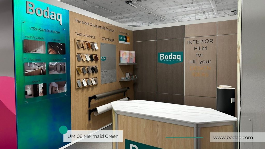 Discontinued - UMI08 Mermaid Green Hologram - Metal Collection 11 UMI08 Mermaid Green used to wrap the Bodaq's exhibition booth at NeoCon 2023