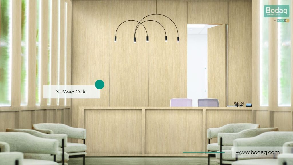 SPW45 Oak Interior Film - Origin Wood Collection 9 Entire reception area wrapped with SPW45