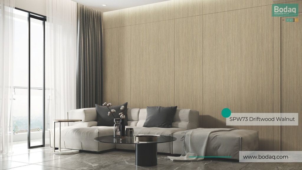 SPW73 Driftwood Walnut Interior Film - Origin Wood Collection 7 Living Room Wall Refinished with SPW73 Driftwood Walnut