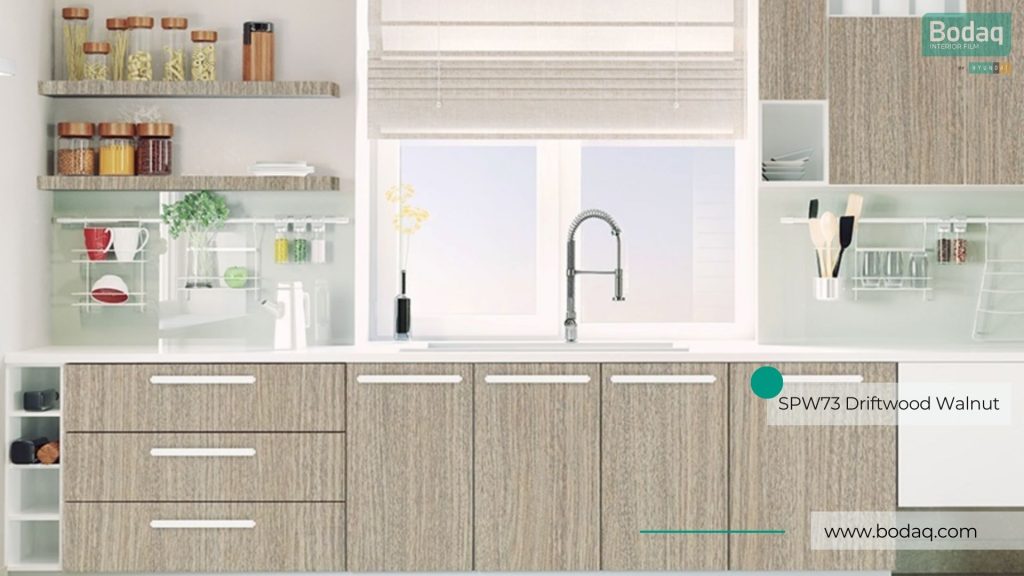 SPW73 Driftwood Walnut Interior Film - Origin Wood Collection 8 SPW73 Driftwood Walnut Applied to the Kitchen Cabinets
